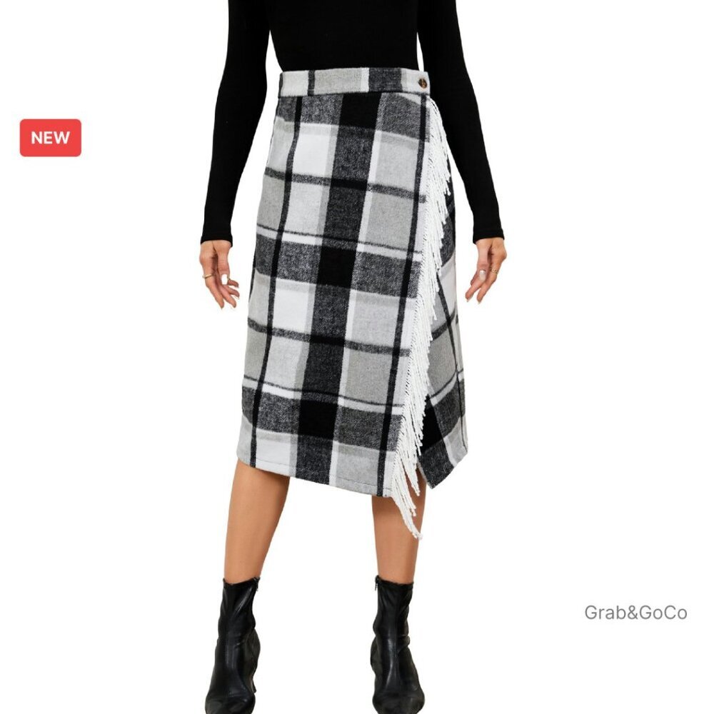 Wool Blend Wrap Skirt Fringe Trim Midi A-Line Tartan Plaid Fall Winter